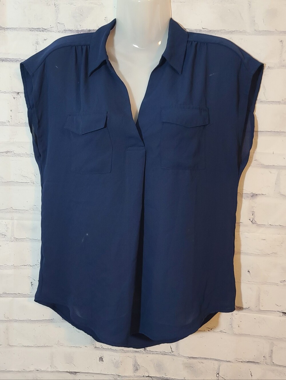 Roz & Ali Blue Chiffon Lightweight Pocket Collared Blouse S